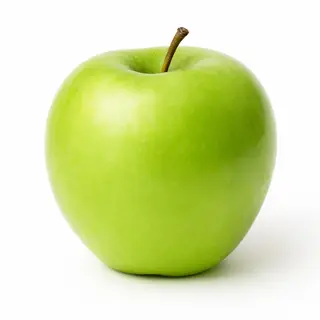 A ripe green apple on a seamless white background with soft 