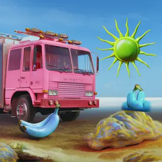 A pink fire truck, a blue banana, and a green sun in a surre