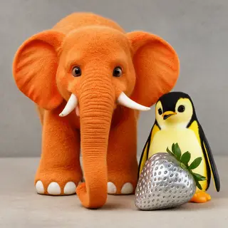 An orange elephant, a yellow penguin, and a silver strawberr