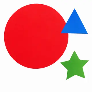 A large red circle, a small blue triangle, and a medium gree