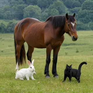 A big brown horse, a small white rabbit, and a medium-sized 