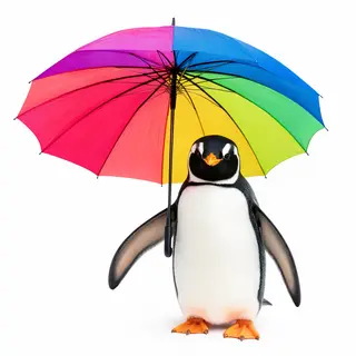 A penguin holding a colorful umbrella