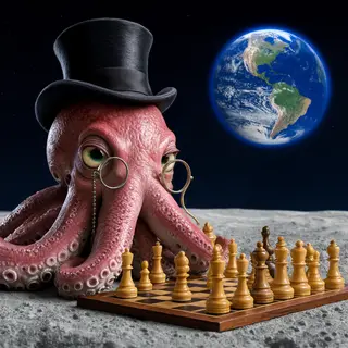 An octopus wearing a top hat and monocle playing chess on th