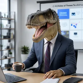 A dinosaur in a business suit giving a PowerPoint presentati