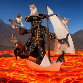 A robot dressed as a pirate sailing a paper boat on a lake o