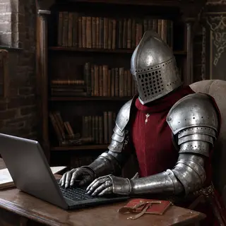 A medieval knight in full armor sitting at a desk typing on 