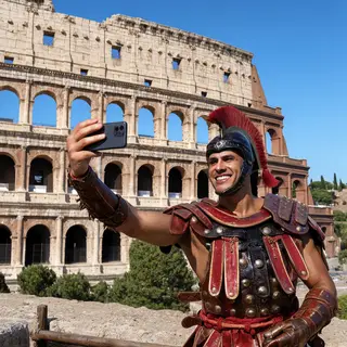 A Roman gladiator taking a selfie with a smartphone in the C