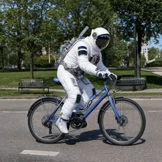 An astronaut in a spacesuit riding a bicycle through a park