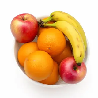 A fruit bowl containing exactly 3 bananas, 4 oranges, and 2 