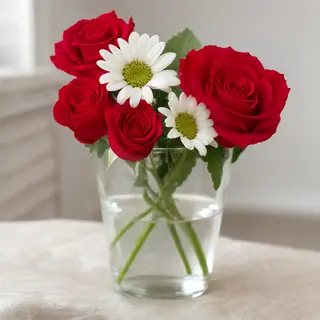4 red roses and 2 white daisies in a glass vase on a table