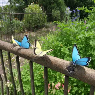 1 blue butterfly and 3 yellow butterflies resting on a garde