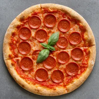 A pepperoni pizza with tomato sauce, basil, and crust but ab