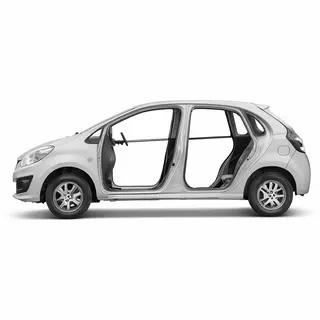 A car body with windows, doors, and headlights but no wheels