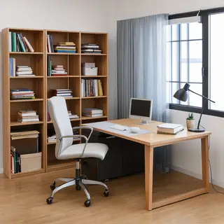An office workspace with a desk, chair, bookshelf, and lamp 