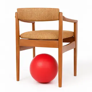 A red ball underneath a wooden chair