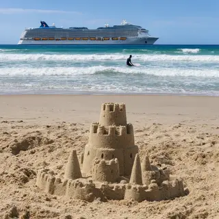 A beach scene with a sandcastle in the foreground, a surfer 