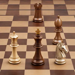 Five chess pieces on a board: a king in the center, a queen 