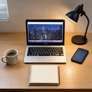 A desk scene: laptop in the center, coffee mug to the left, 