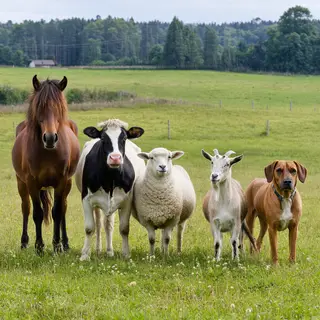 Five animals in a field: a horse on the far left, a cow to t