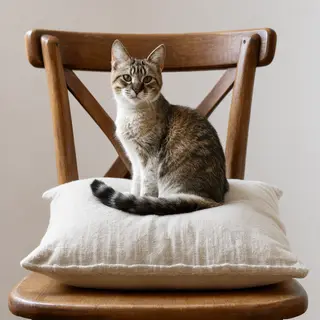 A cat sitting on a pillow, the pillow placed on a wooden cha