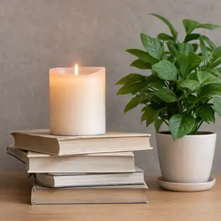 A candle on top of a stack of books, the books next to a pot