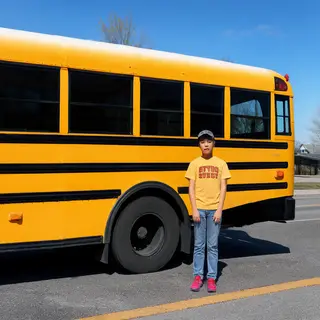 A person standing next to a yellow school bus, showing reali