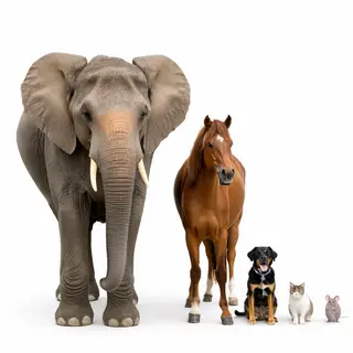 A group photo of an elephant, a horse, a dog, a cat, and a m