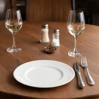 A dinner table scene with a plate, fork, knife, wine glass, 