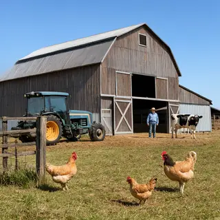 A farm scene with a barn, tractor, farmer, cow, chicken, and