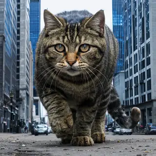 A giant tabby cat walking between city skyscrapers like a ka