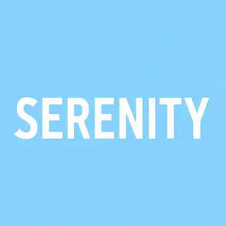 The word 'SERENITY' written large and centered on a solid li