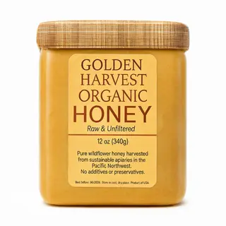 A product label for 'GOLDEN HARVEST ORGANIC HONEY' with subt
