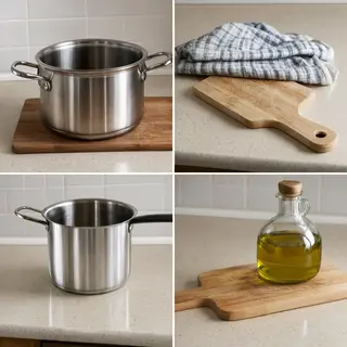 A kitchen counter with a stainless steel pot, a wooden cutti