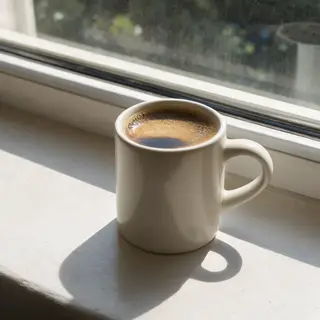 A coffee mug on a sunny windowsill casting a sharp shadow to