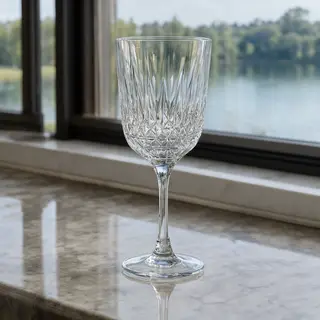 A crystal wine glass on a polished marble counter next to a 
