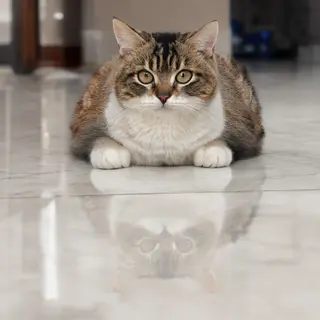 A cat sitting on a polished marble floor with its reflection