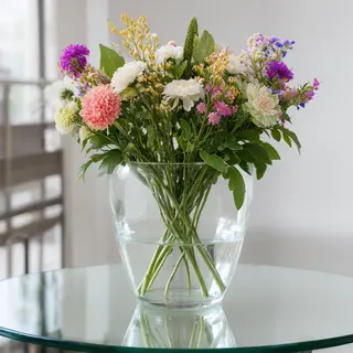 A vase of flowers on a glass table with a clear reflection v