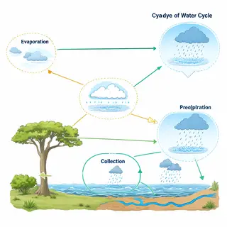 A detailed diagram of the water cycle showing evaporation fr