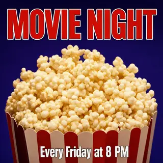 A movie night poster with a large popcorn image in the cente