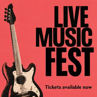 An event poster featuring a guitar illustration, the headlin