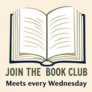 A book club poster with an open book illustration, the title