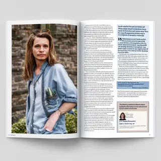 A magazine double-page spread with a left page containing a 