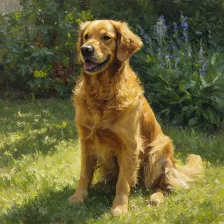 A golden retriever sitting in a garden, painted in the style