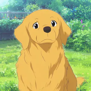 A golden retriever sitting in a garden, rendered in Japanese