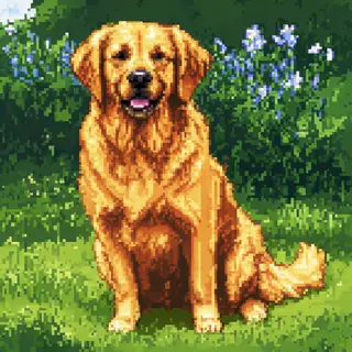 A golden retriever sitting in a garden, rendered in pixel ar