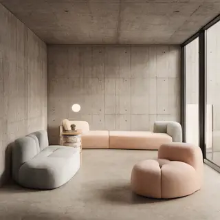 An interior scene rendered in soft brutalism — raw concrete 