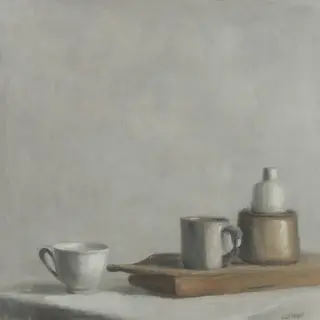 A still life painted in anxious minimalism — sparse composit