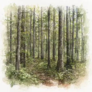 A forest rendered in photorealistic watercolor — the detail 
