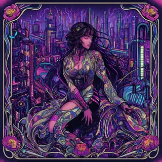 A woman in a futuristic city rendered in cyberpunk Art Nouve
