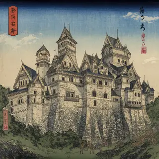 A medieval castle depicted in Japanese ukiyo-e woodblock pri